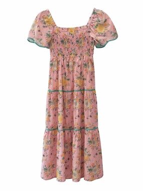 Umgee Pink Floral Tiered Maxi Dress with Puff Sleeves